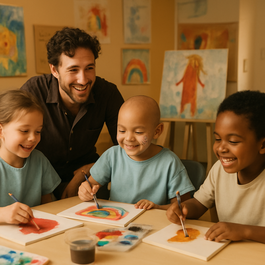 Artist visiting children's hospital with artwork